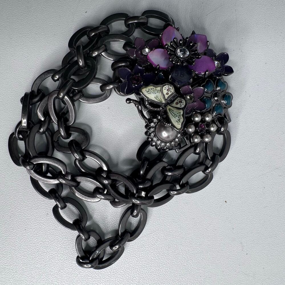 Juicy Couture Multi Chain Bracelet Enamel Flowers & Butterfly Magnetic 7 In Rare